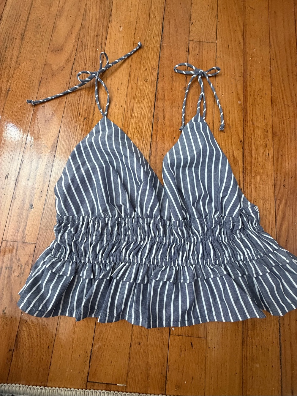 & Other Stories Blue and White Striped Tie-Shoulder Smocked Crop Camisole